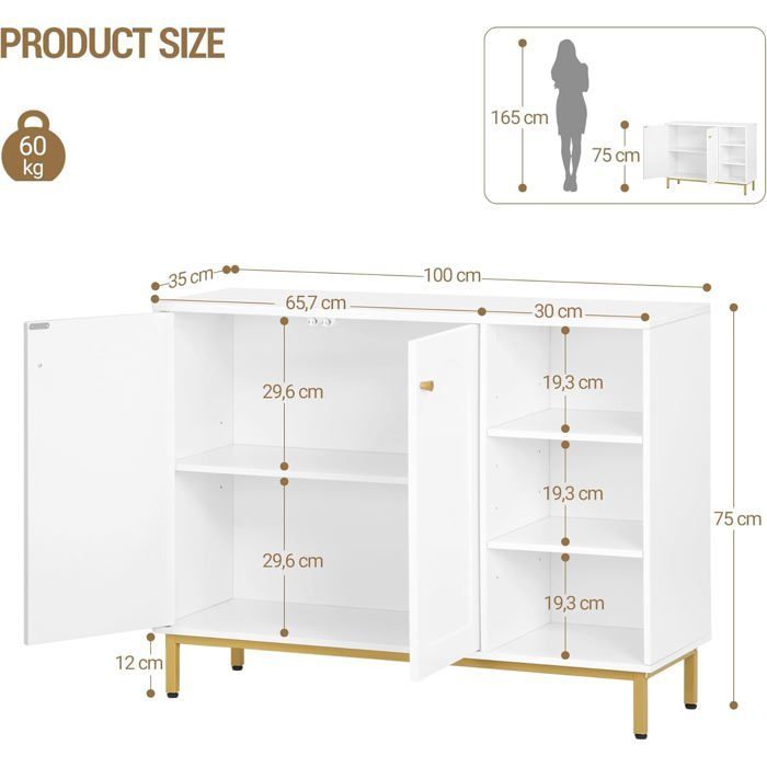 Armario de baño, unidad de almacenamiento, armario de baño, armario de almacenamiento con 2 puertas, compartimento abierto, blanco-dorado