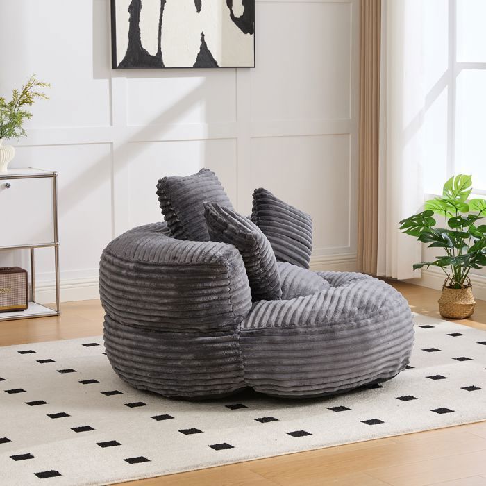 Comoda poltrona a sacco con tre cuscini, 108 x 108 x 52 cm. Divano relax per soggiorno e camera da letto. Poltrona. Velluto a coste. Grigio scuro.