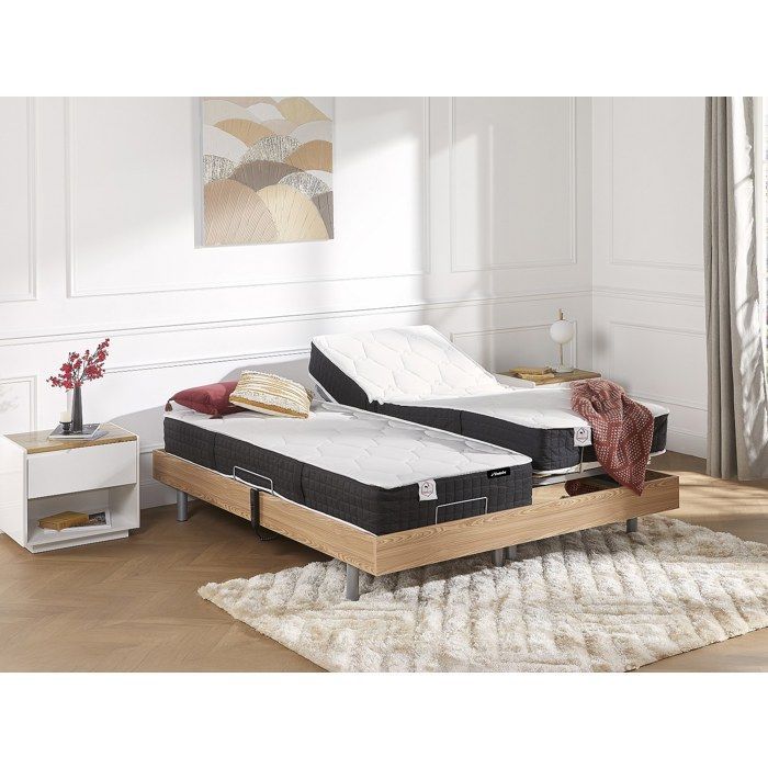 Cama elétrica de relaxamento com base de ripas + colchão de molas ensacadas e espuma viscoelástica - 2 x 90 x 200 cm - Carvalho - PHANES by YSMÉE