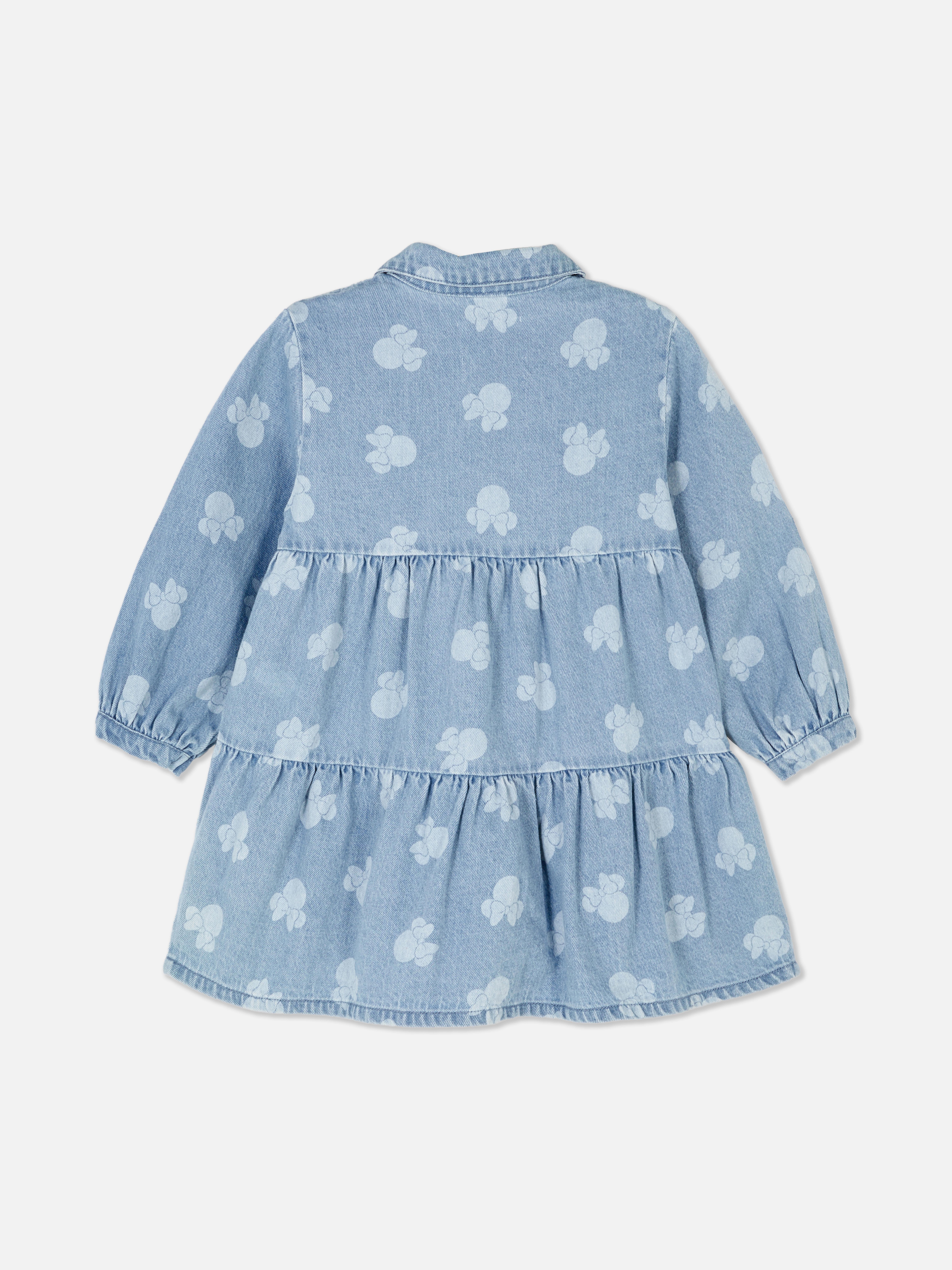 Abito in denim di Minnie Mouse della Disney. Abito in denim a strati con colletto, chiusura con bottoni e maniche lunghe.