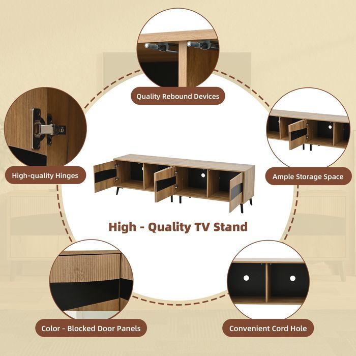 Mueble para TV - LEMONBEST - Mueble moderno para TV de salón - 180x40x50 cm - 4 puertas - Madera y negro