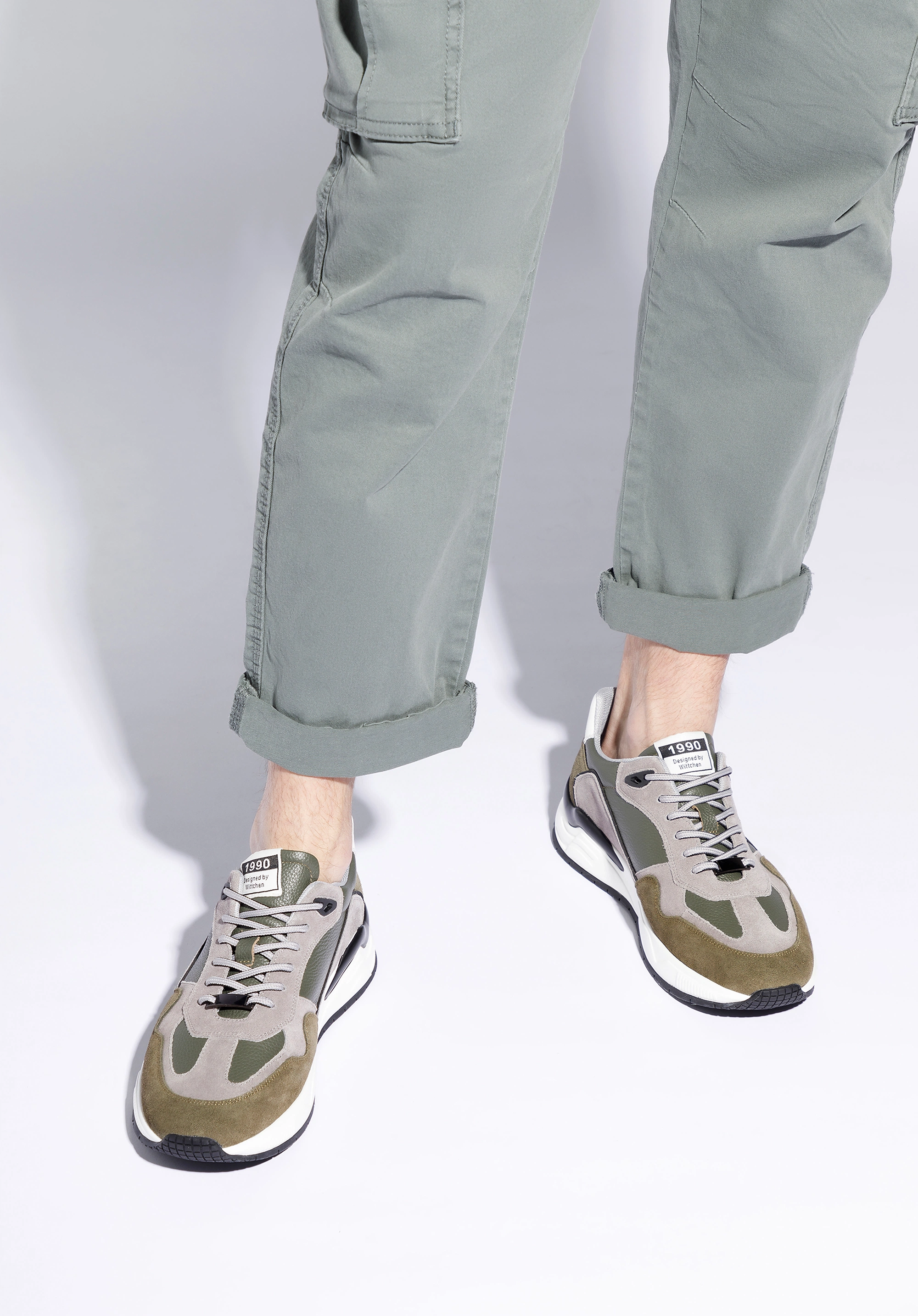 Męskie sneakersy skórzane z zamszowymi wstawkami zielono-szare
