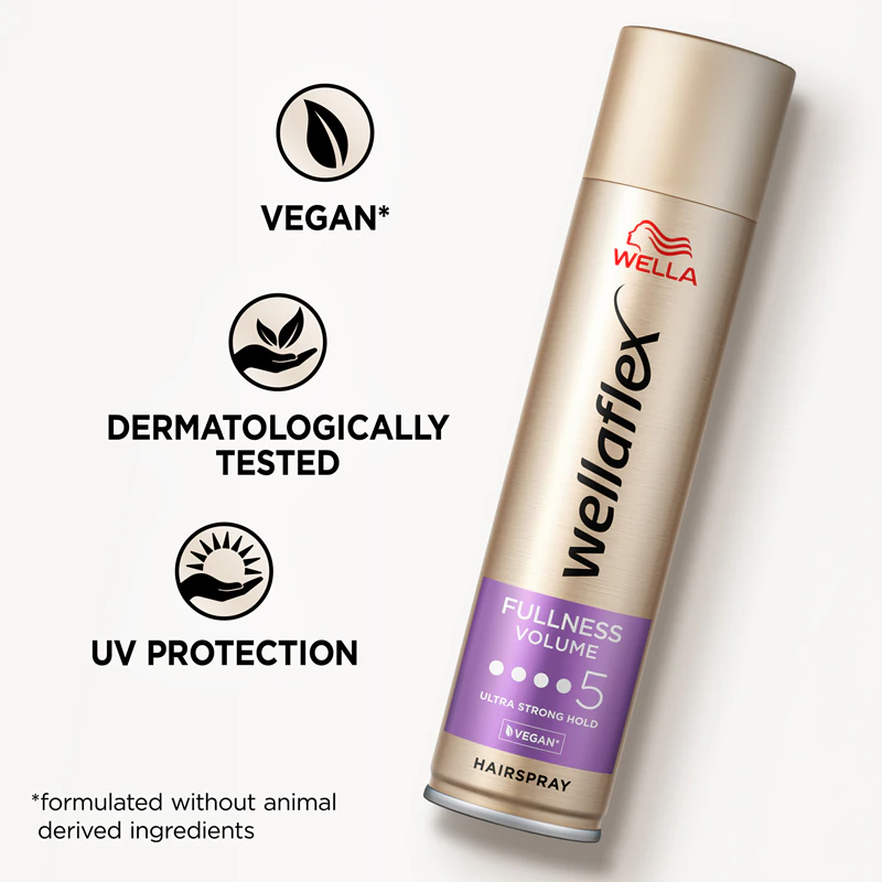 Spray de fixação forte Wella Wellaflex Fullness Volume para elasticidade e volume.