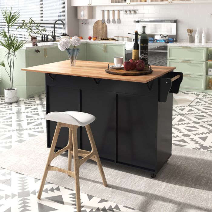 Multifunctional wooden kitchen trolley with worktop and drawer - W129 x D46(71) x H91.5 cm - Black