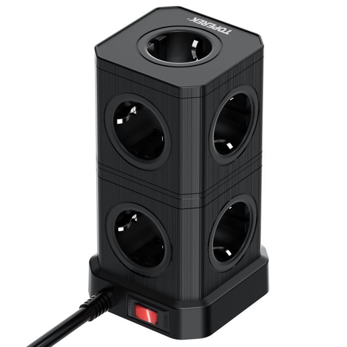 Multipresa Tower con protezione da sovratensione – 13 in 1, cavo da 2 m, protezione da sovraccarico, interruttore - Multipresa nera/viola