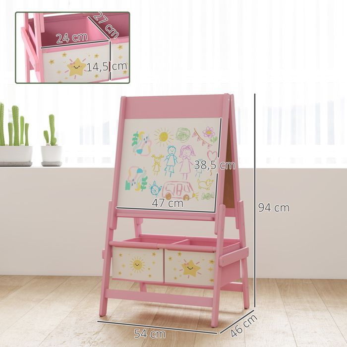 Caballete infantil 3 en 1 - AIYAPLAY - Doble cara - Pizarra blanca y negra - Rollo de papel - 2 cestas de almacenamiento - Edades de 3 a 8 años - Rosa