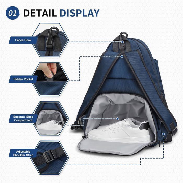 Sac à dos de tennis imperméable pour raquettes, compartiment chaussures, poches humide/sèche, crochet de clôture inclus