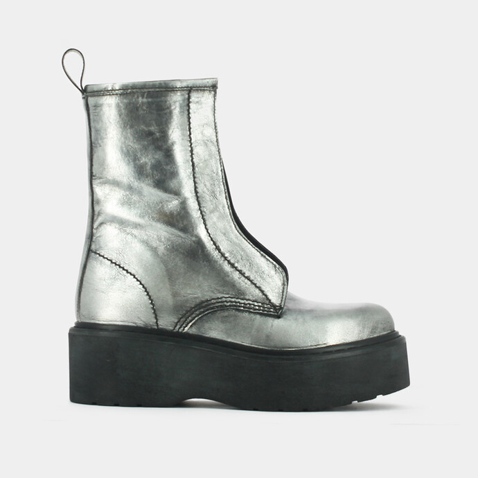 Bottines à plateformes et fermetures frontales  en cuir vieilli argent