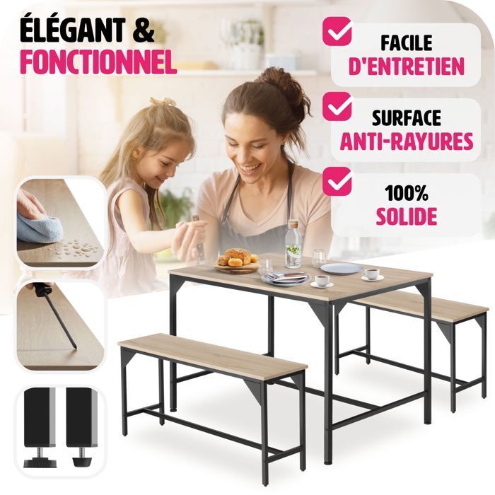 Dining table with benches - TECTAKE - BOLTON dining set with 2 sturdy benches in an industrial style - Light Wood