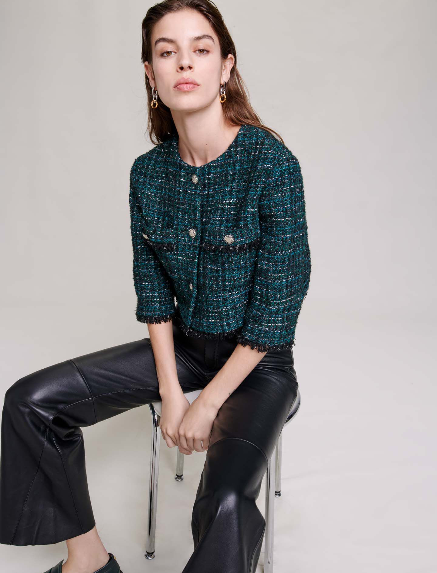 Jachetă scurtă din tweed - Verde sticlă