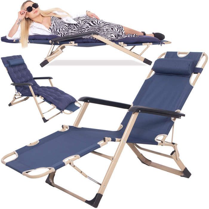 Chaise longue - Springos® - Dobrável - Almofada reversível - Encosto de cabeça removível - Apoio para os pés ajustável