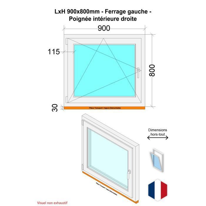 Fenêtre PVC - LxH 900x800 mm -Triple Vitrage - Blanc -poignée à droite