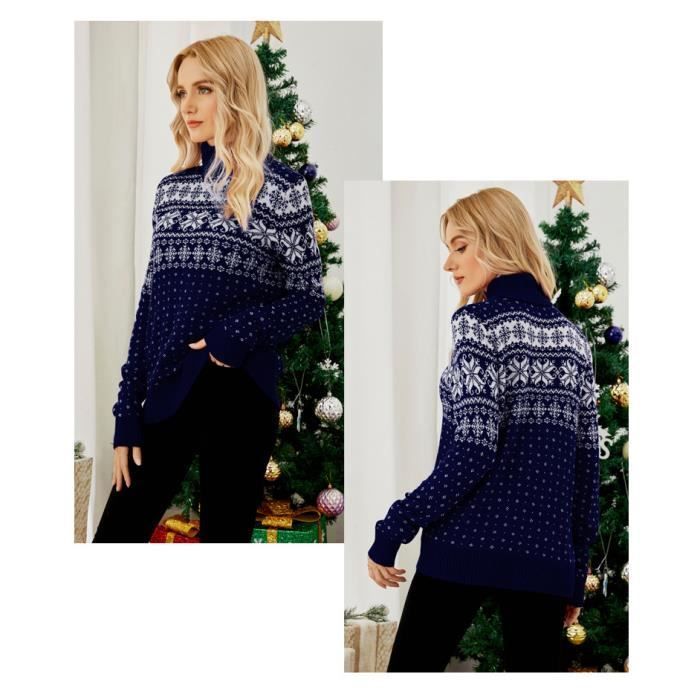 Pull de Noël en Tricot Femme INSFITY - Col Roulé - Bleu - Tissu Confortable