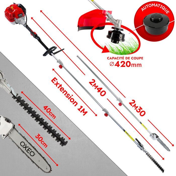 Multiutensile a benzina 4 in 1 - Decespugliatore - Tagliabordi - Potatore ad asta - Tagliasiepi - 51,7 cc - 2 t - 3 CV - 2 lame