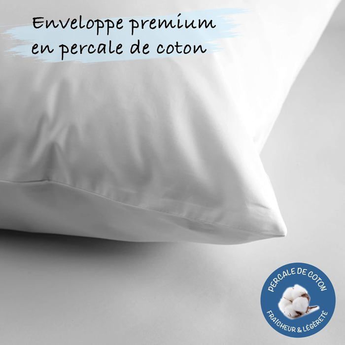 LazyBearHome Oreiller 60x60 Lot 2, Housse Percale Coton, Garnissage Fibre Creuse siliconée, Ajustable Hauteur, Marque FR Fabriqué