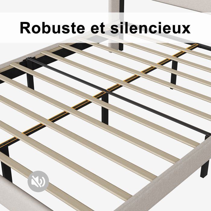 Volwassenenbed 140x200 cm, tweepersoonsbed met houten lattenbodem, gestoffeerd bedframe met lattenbodem en hoofdeinde, beige linnen