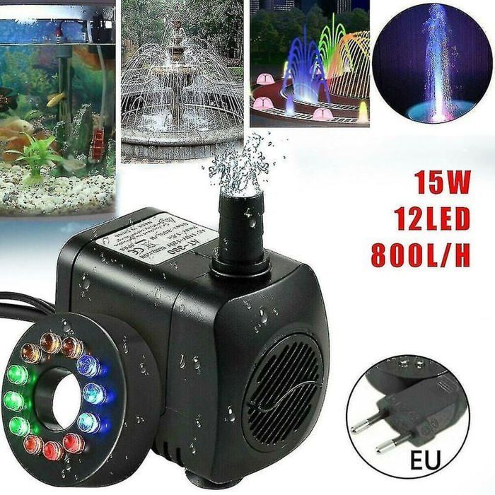 Bomba para fuente de 15 W y 800 l/h, bomba para estanque, bomba para fuente, bomba para jardín, bomba para fuente con 12 LED.