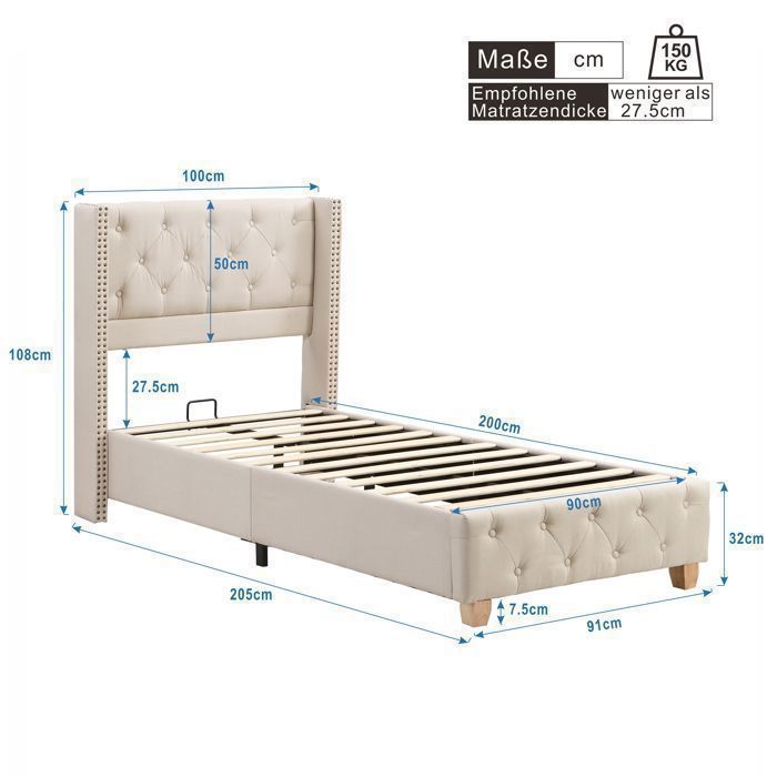 Cama individual tapizada - TKOPY - Cama infantil de 90x200 cm, cama juvenil con somier de láminas, lino beige