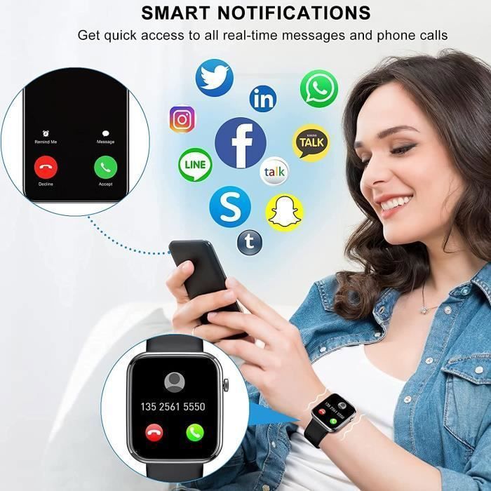 Montre connectée bleue 1,69pouces, étanche, cardiofréquencemètre, suivi de sommeil, tracker d'activité et contrôle de la musique