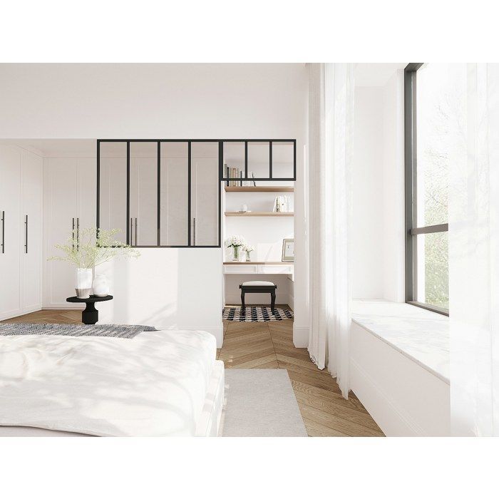 Werkstatt-Glastrennwand mit pulverbeschichtetem Aluminium-Oberteil – B 120 x H 105 + B 73 x H 40 cm – Schwarz – BAYVIEW
