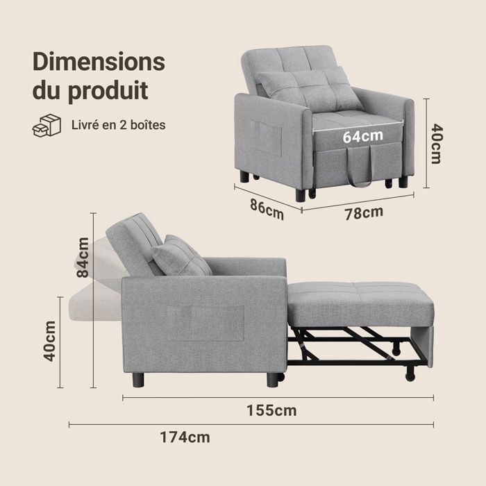 Verwandlungssessel – Bealife – Schlafsessel – 1-Sitzer-Sofa – Chaiselongue – Kissen – Verstellbar – Stauraum – Rollen – Klappbar