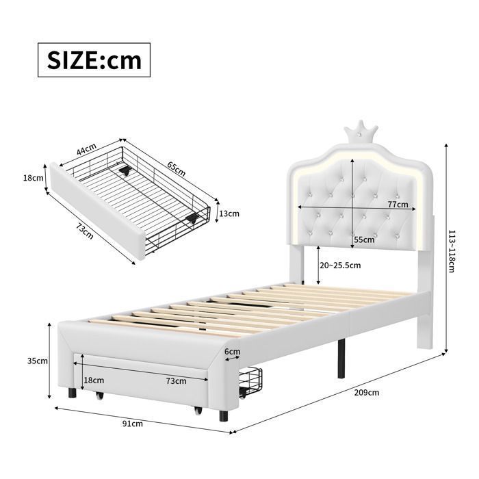 Cama infantil de 90 x 200 cm con cajones - Estructura de cama con cabecero regulable - Iluminación LED - Cama individual para niñas con somier de láminas - En piel sintética