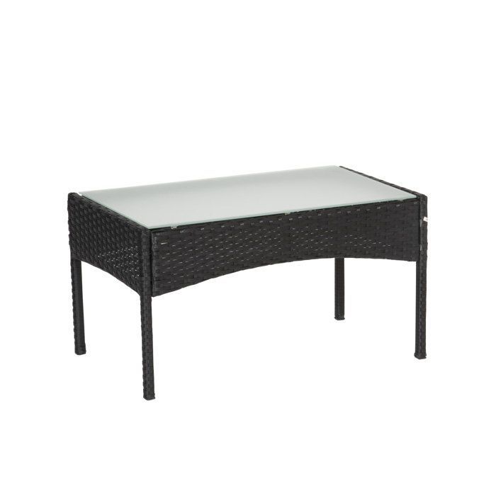 Conjunto de muebles de jardín CORDOUE de 4 plazas en resina tejida negra con cojines grises.