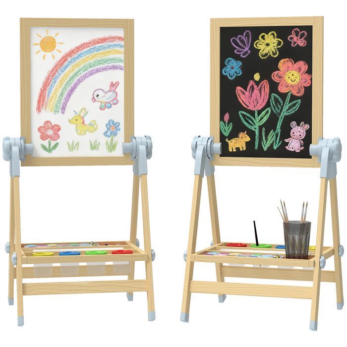 Tableau enfant - AIYAPLAY - double face - tableau noir réglable en hauteur et tableau blanc magnétique - 48,5x46,5x70-97cm - naturel