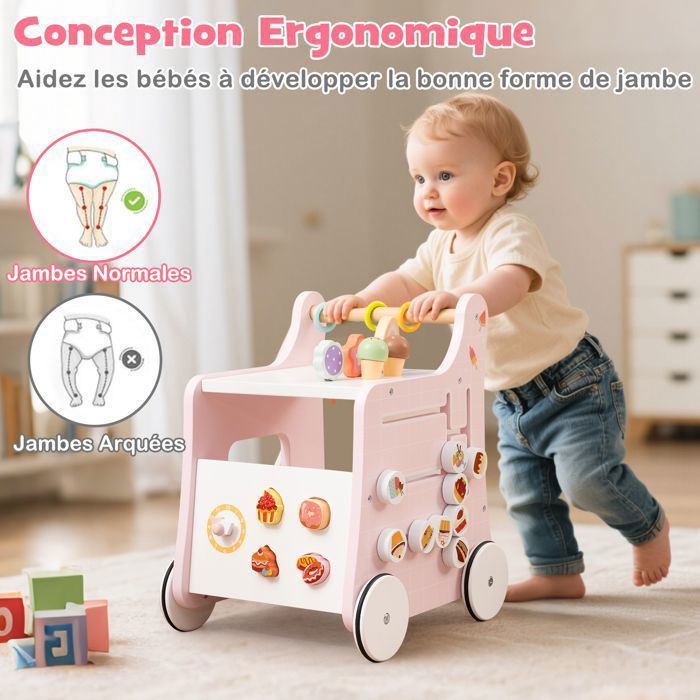 Andador de madera DREAMADE para niños de 1 año en adelante, carrito de helados multifuncional con accesorios para dulces y ruedas suaves, rosa.