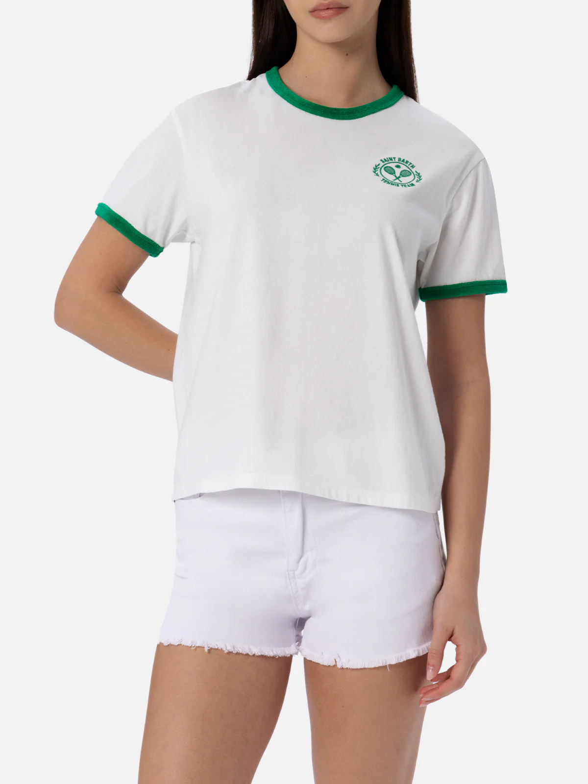 T-shirt girocollo in jersey di cotone Emilie da donna con dettagli in
