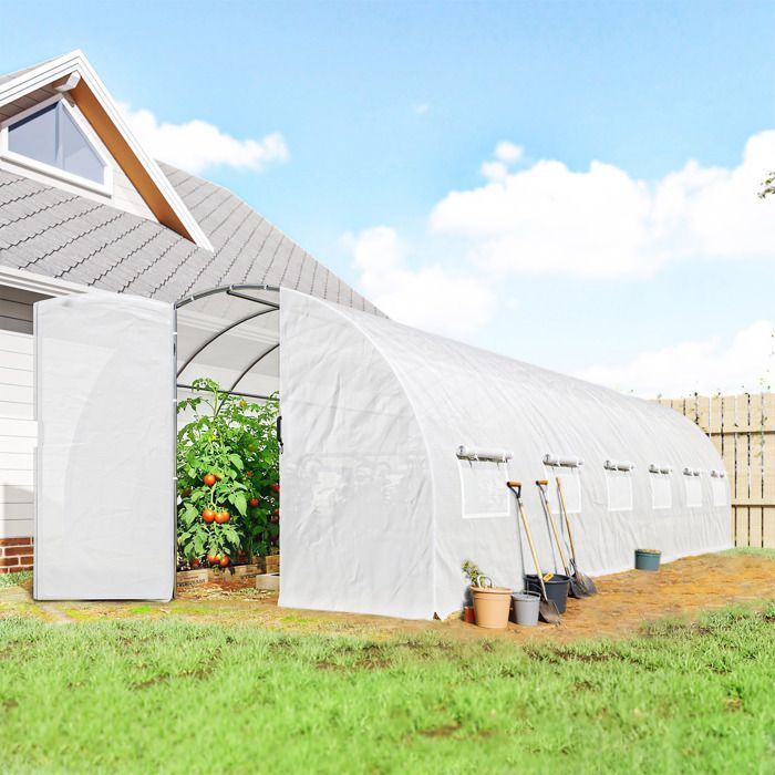 Invernadero tipo túnel Outsunny de 24 m² (295 x 798 x 199 cm) - con puertas y 12 ventanas con mosquiteras - Cubierta de PE de 140 g/m² - Blanco