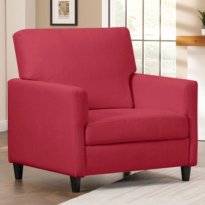 Sofá relaxante, poltrona relaxante, com apoios de braço e encosto grossos, assento acolchoado, sala de estar/quarto, em linho vermelho.