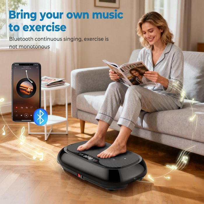 Plataforma vibratoria con 120 niveles de intensidad, 9 modos, capacidad de 150 kg, altavoz Bluetooth para un entrenamiento de cuerpo completo.