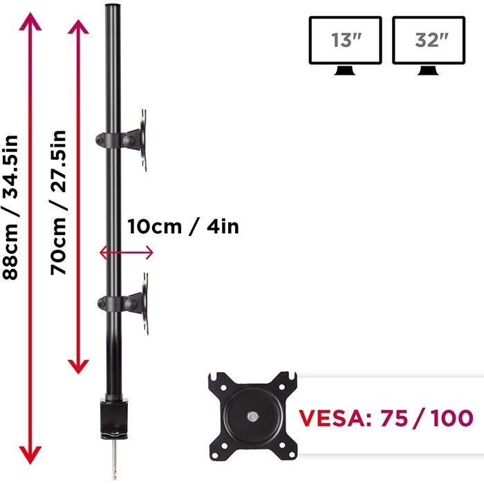 Supporto per doppio monitor Duronic DM15V2 | Supporto ergonomico e articolato per doppio schermo PC da scrivania | VESA 75-100 |