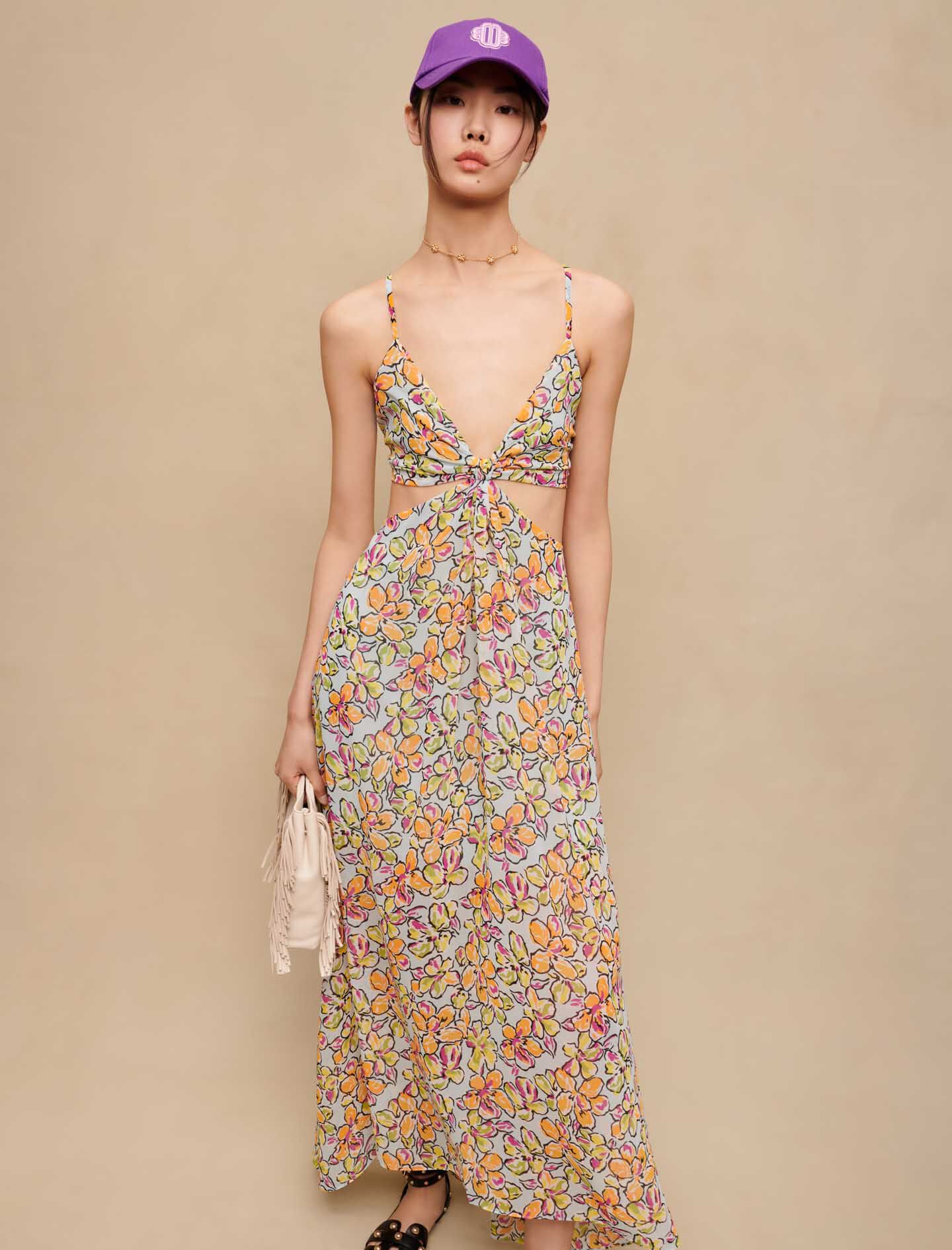 Rochie lungă cu imprimeu floral și crăpături - Hibiscus portocaliu / albastru