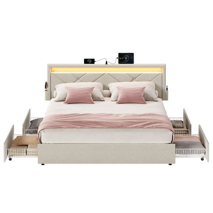 Lit double - VASAGLE - LED intégrée - 4 tiroirs - Beige cappuccino - Tête ajustable