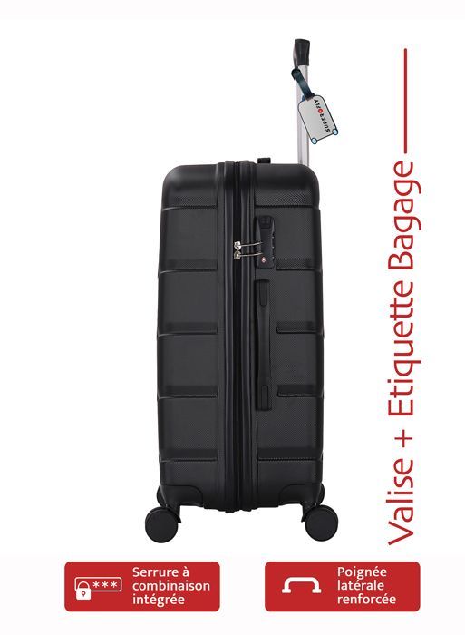 Middelgrote koffer met harde schaal (65 cm) en luchtstroomventilatie in zwart + bagagelabel - 4-wielige 360° koffer - 3,0 kg - 65 liter ADC