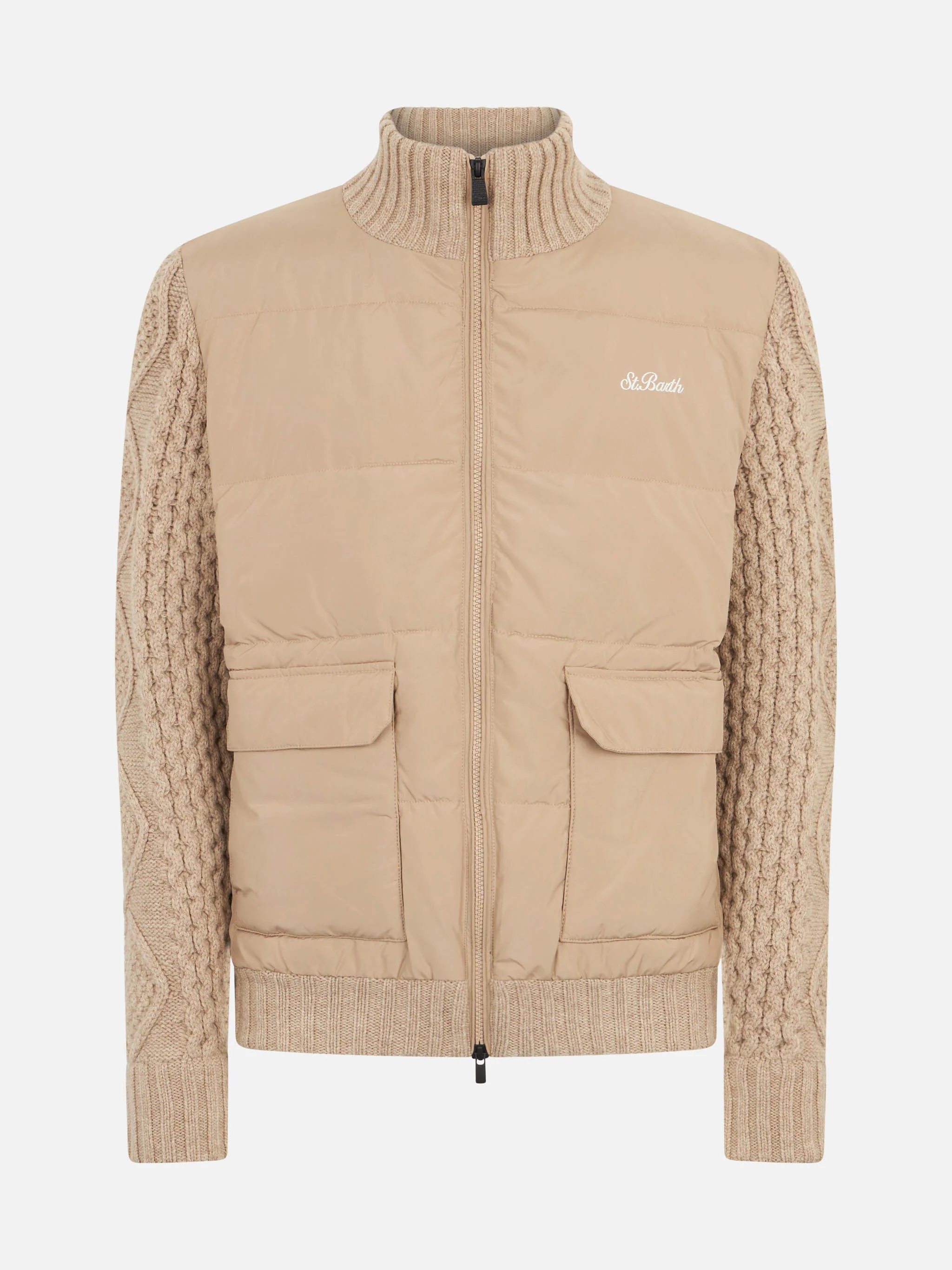 Beige gewatteerde herenjas met geweven gebreide mouwen