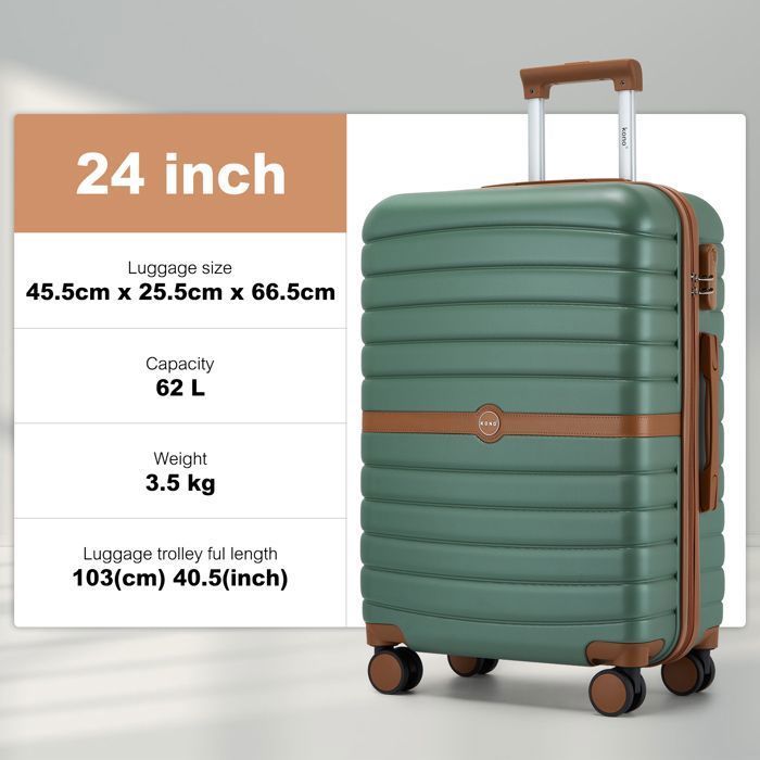 Maleta Kono mediana rígida de 66,5 x 45,5 x 25,5 cm, ABS+PC, con 4 ruedas y cerradura, tipo carrito de viaje, 62 L, color verde.