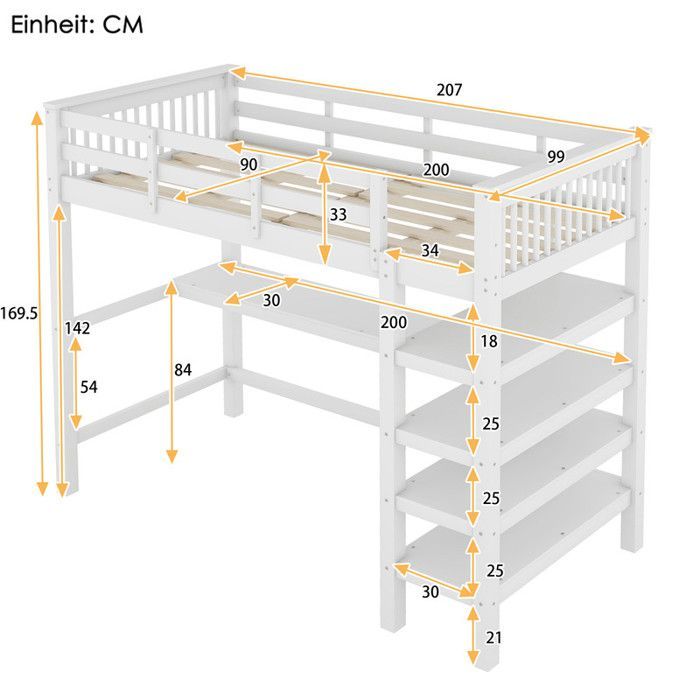Lit mezzanine enfant 90x200cm avec bureau et étagère de rangement en bois massif Blanc