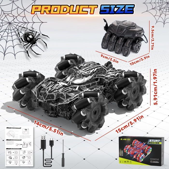Spider Voiture Télécommandée Enfant avec Lumières - 360° Rotation - 2.4GHz - Jouet Cadeau pour Garçon Fille 3-9 Ans - noir