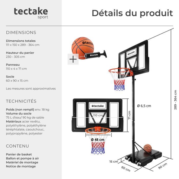 Aro de baloncesto - TECTAKE - Aro DIRK con balón, bomba y 2 redes con ruedas - 230 a 305 cm de altura