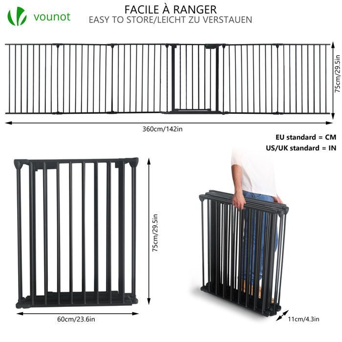 Barrera de seguridad plegable preensamblada VOUNOT® de 3,6 m - 6 paneles - Protector de chimenea de metal negro