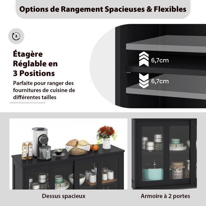 COSTWAY Buffet de Cuisine Meuble Commode Rangement Cuisine L106,5 cm – MDF Noir 2 Etagères avec 2 Porte Coulissantes en Verre