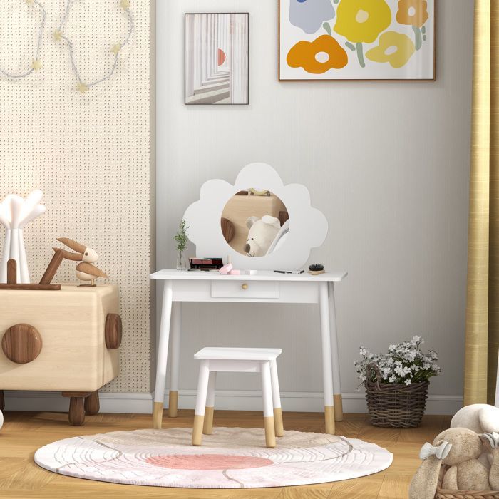 Set da trucco per bambini - AIYAPLAY - 1 sgabello, set da trucco in 2 pezzi per bambini dai 3 ai 6 anni, specchio a forma di nuvola - bianco