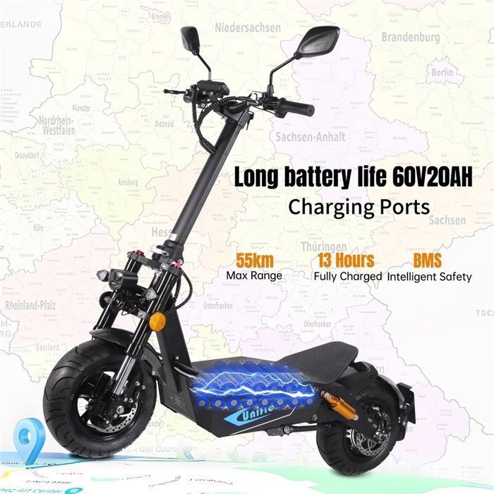 Scooter électrique MAX2000, Moteur 2000W, Batterie 60v20ah, Autonomie 55KM, 45KM/H, Lumières LED photosensibles, Noir