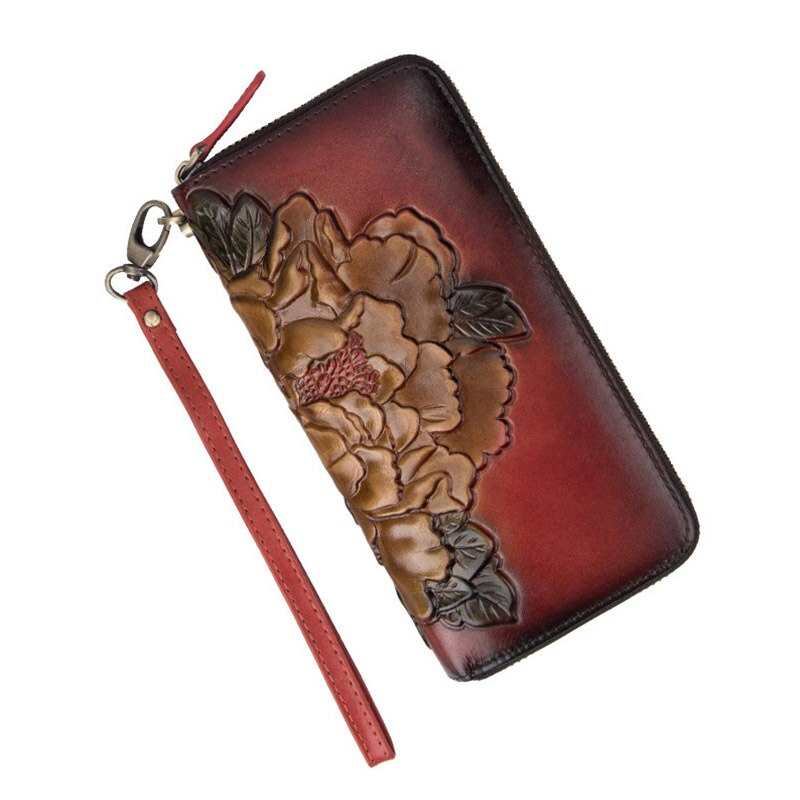 Portafoglio lungo da donna in vera pelle con motivo floreale cinese, borsetta per cellulare, portamonete in pelle con cerniera, pratico portafoglio a pochette per carte di credito.