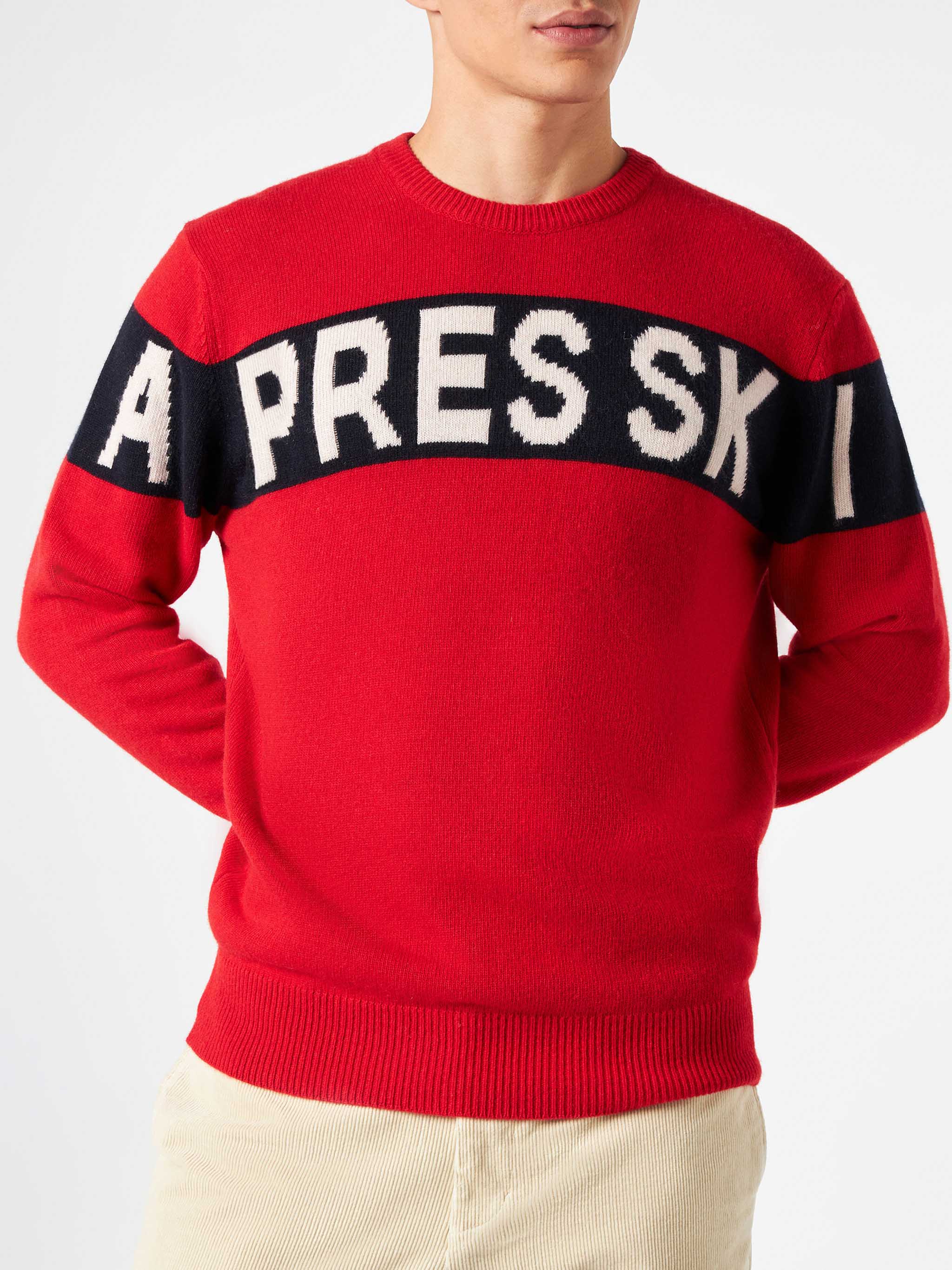 Herentrui van rode kasjmierblend met après-ski slogan.