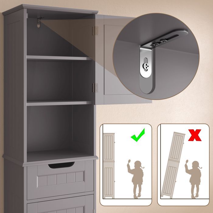 Colonna da bagno - Mobile contenitore autoportante Bealife - 1 cassetto - 5 ripiani regolabili - 2 ante - 40 x 30 x 170 cm - Grigio