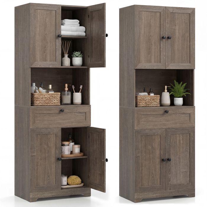 GIANTEX Tall Bathroom Cabinet, Adjustable Shelves, Multi-Purpose Furniture for Kitchen, Living Room, Laundry Room, Aged Grey